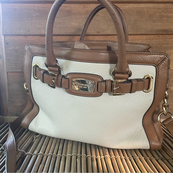 Michael Kors Cream & Tan Genuine Leather Satchel Crossbody - Picture 3 of 17